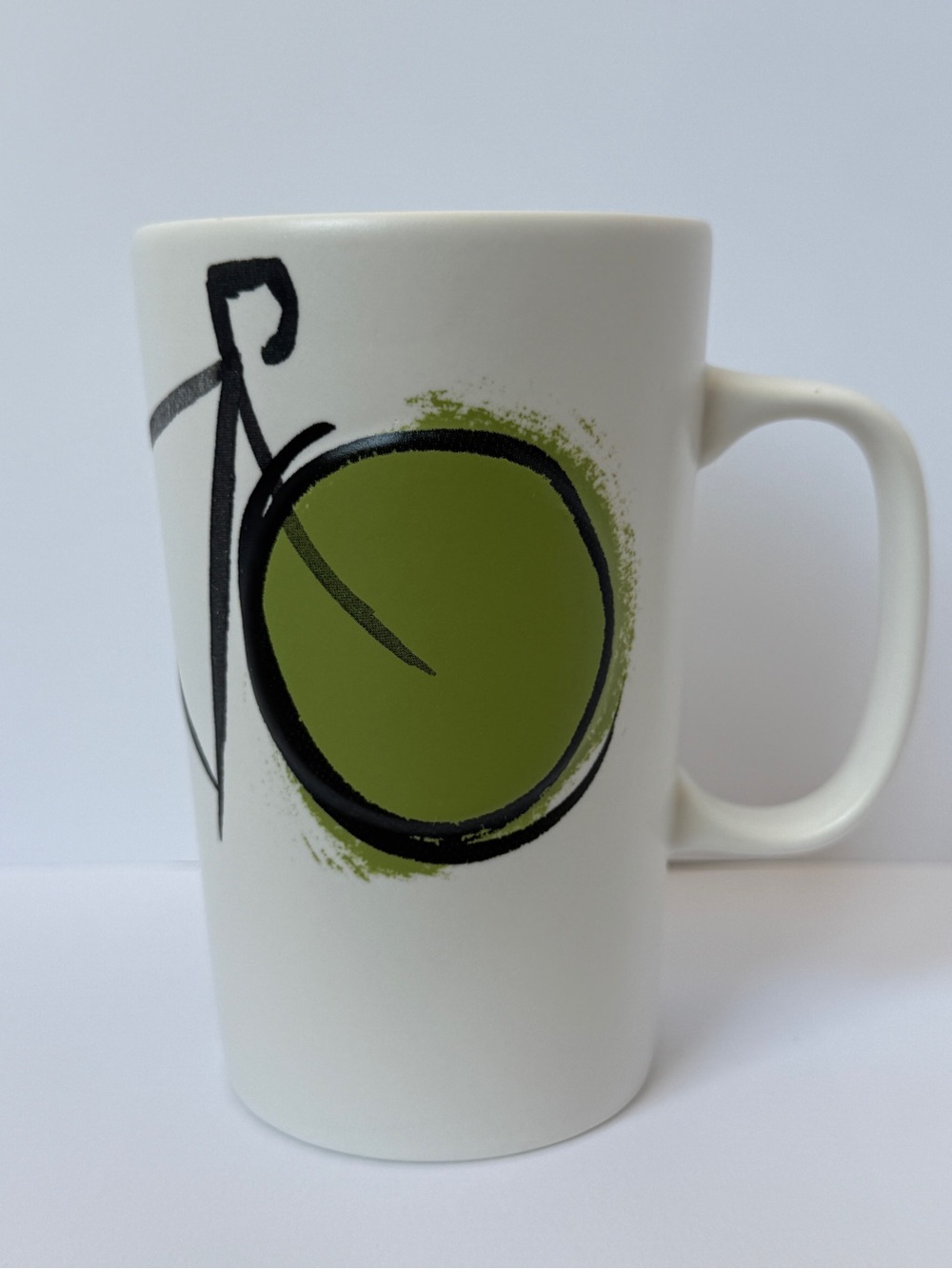 Starbucks White Mug with Olive Green and Black Abstract Bicycle Design